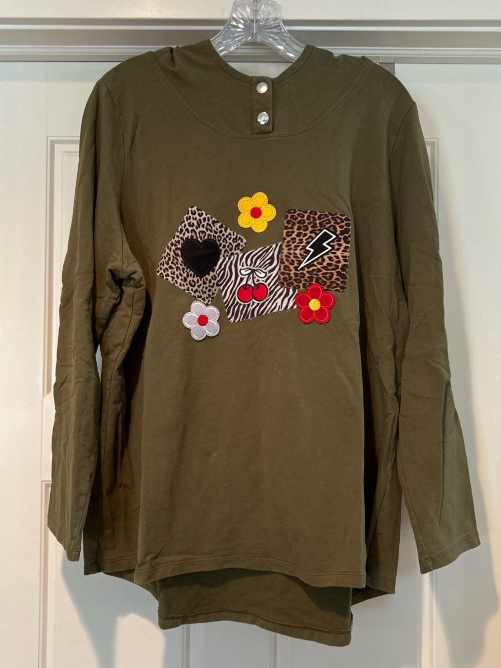 Upcycled Olive Green Long-Sleeve Patch Applique Top